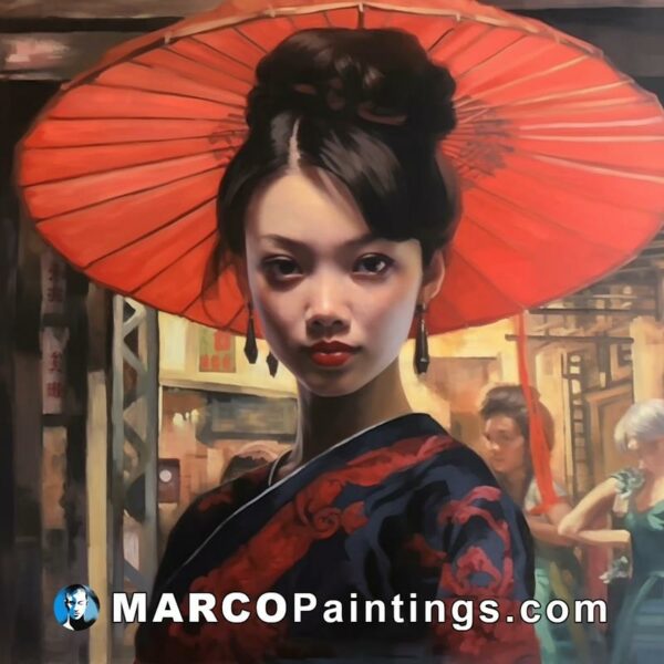 A painting of a girl in a kimono with a red parasol