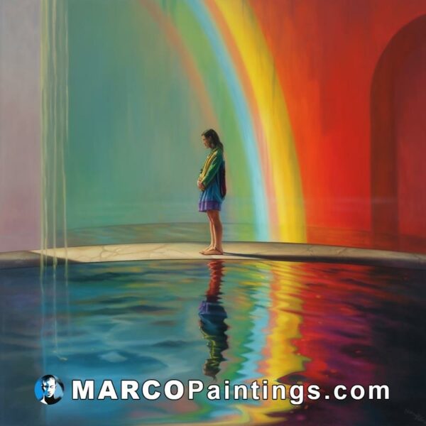 A painting of a girl looking at a rainbow in a water pool