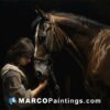 A painting of a girl petting a horse in the dark