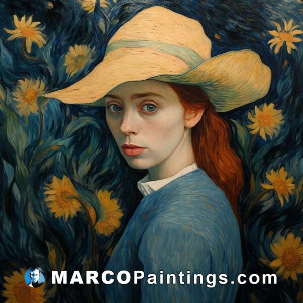 A painting of a girl with a hat and sunflowers