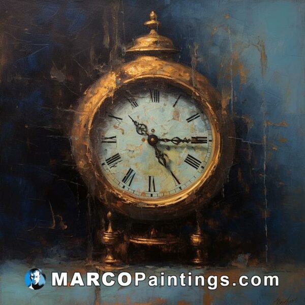 A painting of a golden clock with smoky blue tones