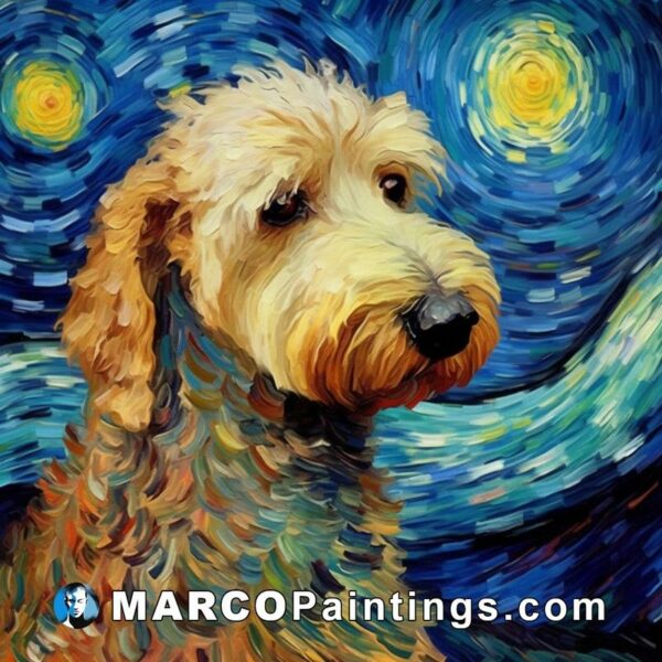 A painting of a golden doodle standing under the stars
