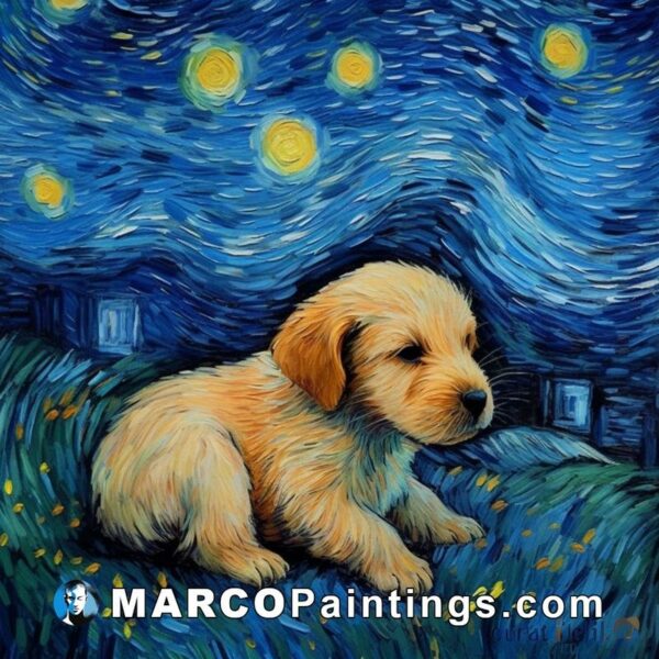 A painting of a golden retriever on starry night