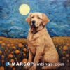 A painting of a golden retriever sitting in a field on a full moon