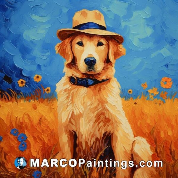 A painting of a golden retriever wearing a hat