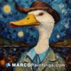 A painting of a goose wearing a suit and hat