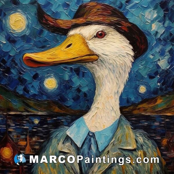 A painting of a goose wearing a suit and hat