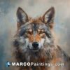 A painting of a gray wolf with a brown face