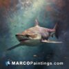 A painting of a great white shark swimming underwater