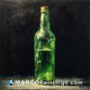 A painting of a green bottle on a black background
