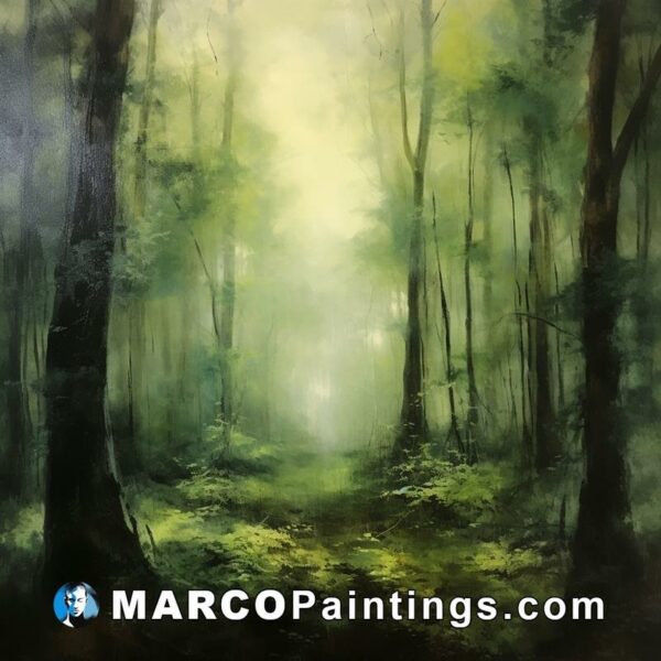 A painting of a green forest in the daytime