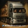 A painting of a grey truck and horses inside of it