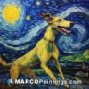 A painting of a greyhound on starry night