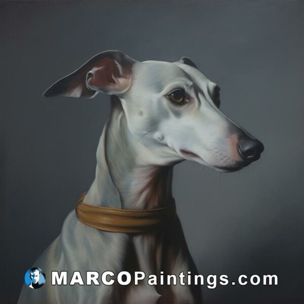 A painting of a greyhound with a colorful collar