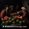 A painting of a group of men preparing watermelons