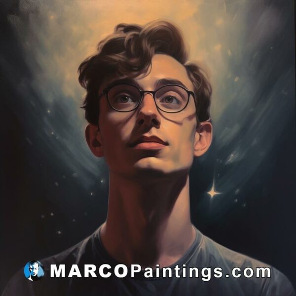 A painting of a guy with glasses looking up at the stars