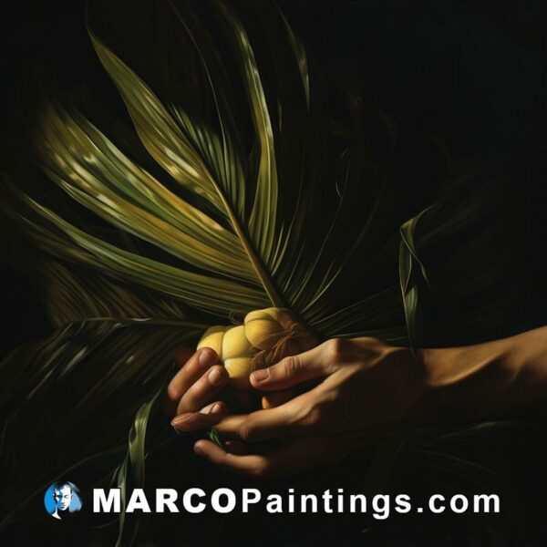 A painting of a hand holding something over palm leaves