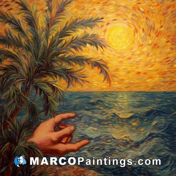 A painting of a hand reaching down with the palm tree on the sea