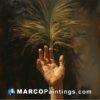 A painting of a hand reaching up a palm leaf