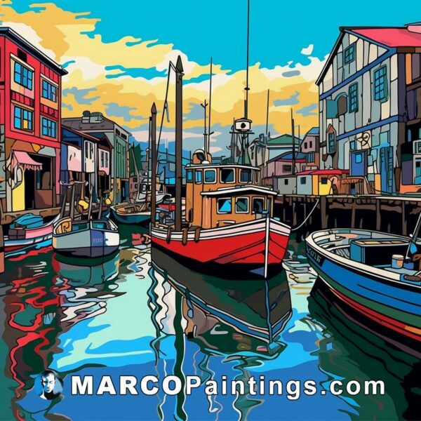 A painting of a harbor in a harbor with some boats on a dock