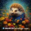A painting of a hedgehog in flowers