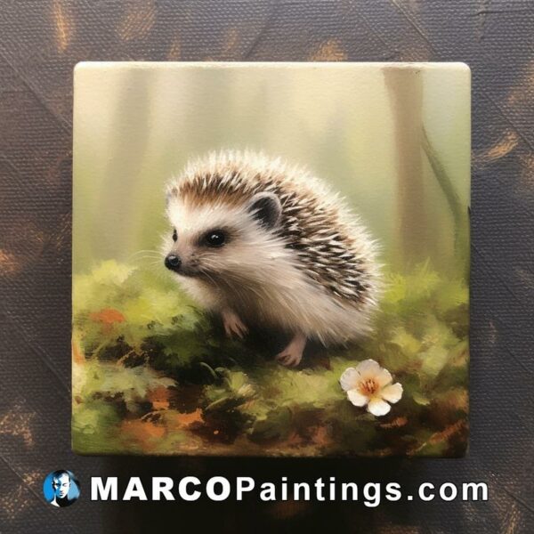 A painting of a hedgehog placed in the forest
