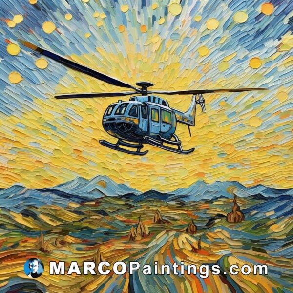 A painting of a helicopter flying in the desert