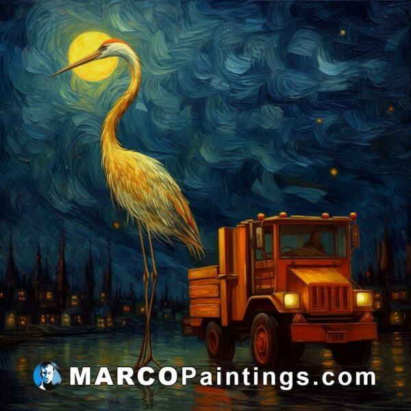 A painting of a heron standing near a truck