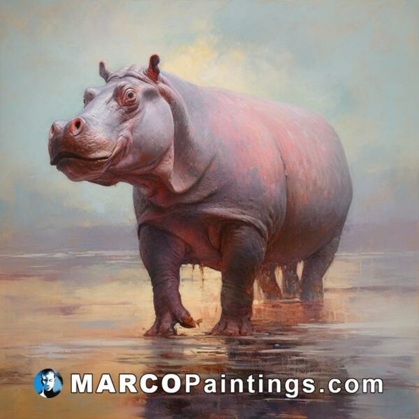 A painting of a hippo walking in a water