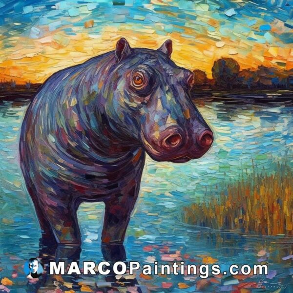 A painting of a hippo walking on the water