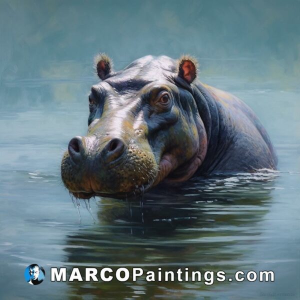 A painting of a hippo with its head in the water