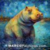 A painting of a hippopotamus swimming in starry water
