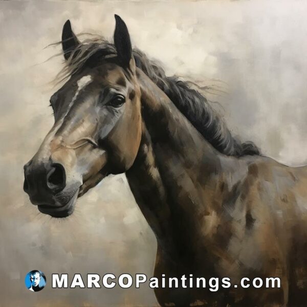 A painting of a horse in a gray background