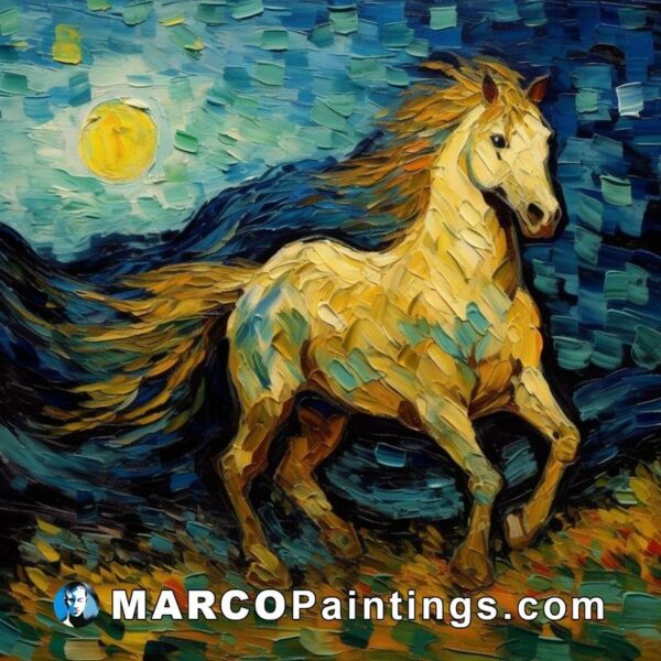 A painting of a horse running at night