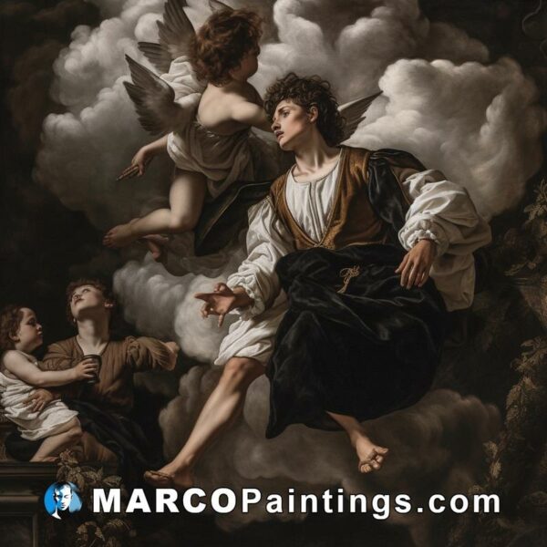 A painting of a human and angel hovering in the clouds
