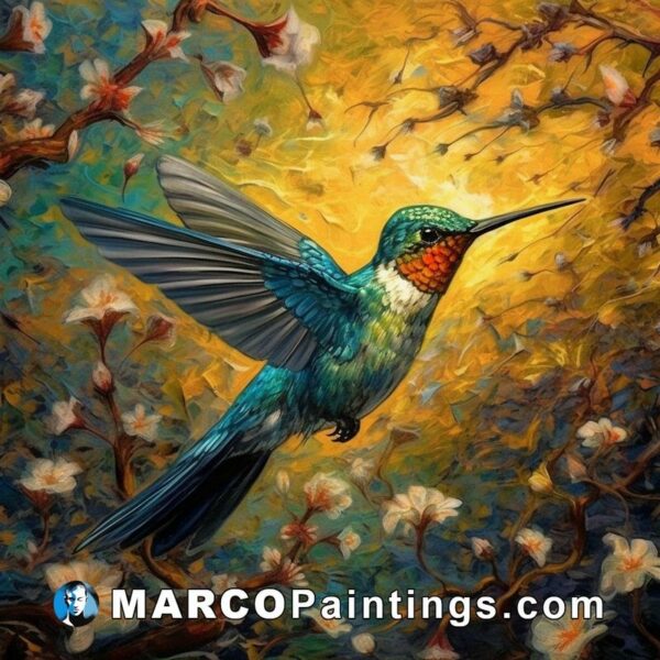 A painting of a hummingbird flying over a branch with flowers