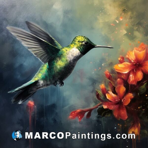 A painting of a hummingbird flying over flowers