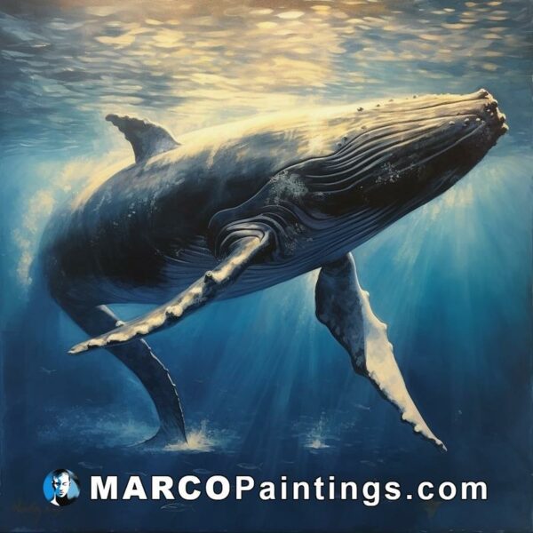 A painting of a humpback whale in the ocean