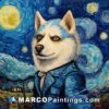 A painting of a husky wearing a suit and standing in front of a starry sky