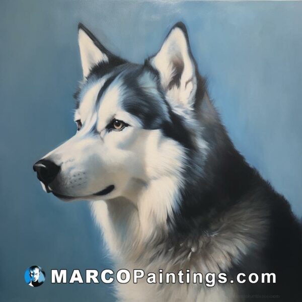 A painting of a husky with light on blue
