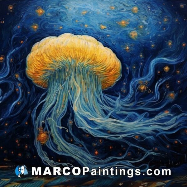 A painting of a jellyfish floating in the night sky