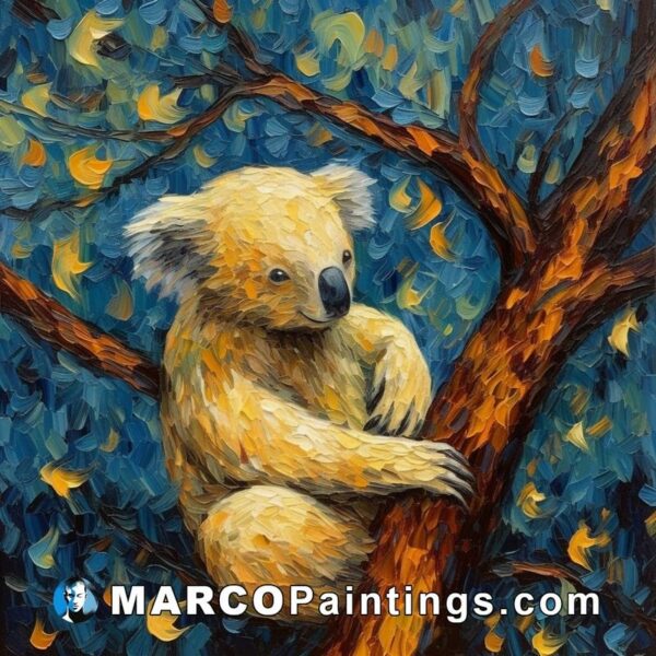 A painting of a koala sitting in a tree