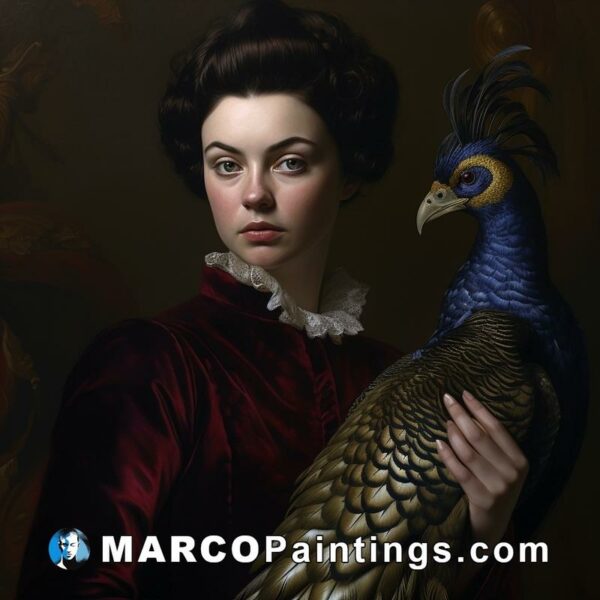 A painting of a lady holding a peacock