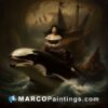 A painting of a lady on an orca whale