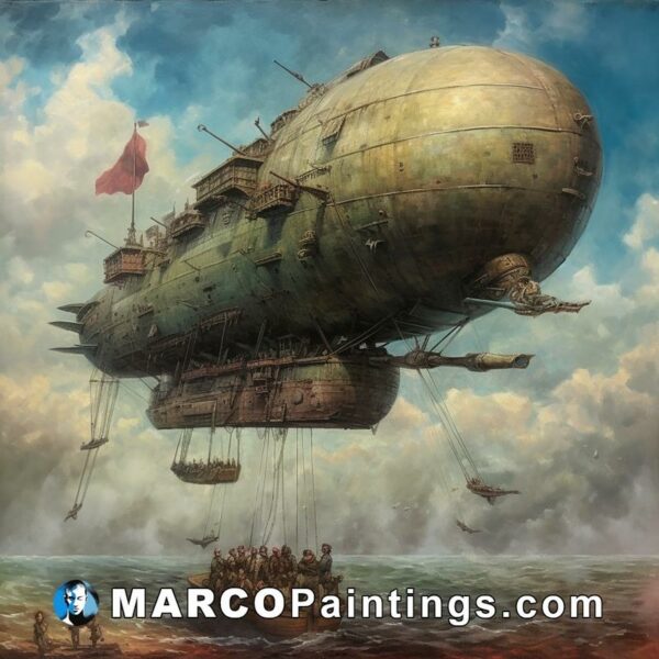 A painting of a large airship in the water with people inside