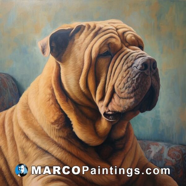 A painting of a large dog with blue background