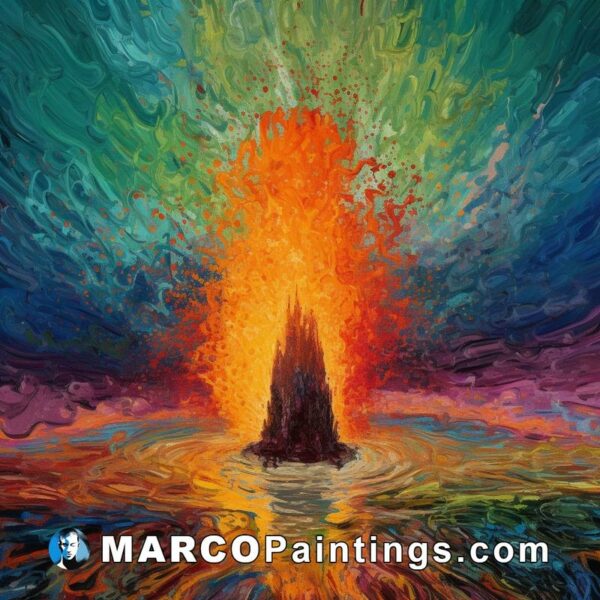 A painting of a large flame and a volcano on the water