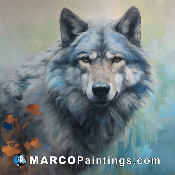 A painting of a large gray wolf