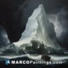 A painting of a large iceberg and ship in the water