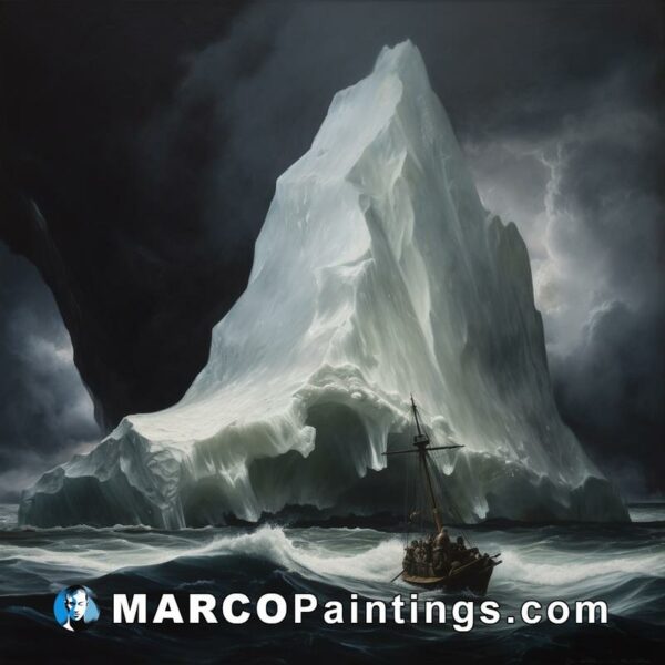 A painting of a large iceberg and ship in the water